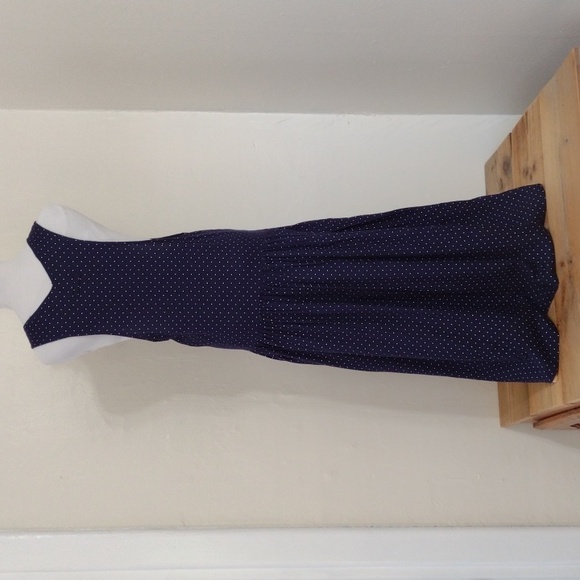 Vintage Anegada's Navy Polka Dot Drop Waist Sleeveless Midi Dress Size L - Picture 1 of 15
